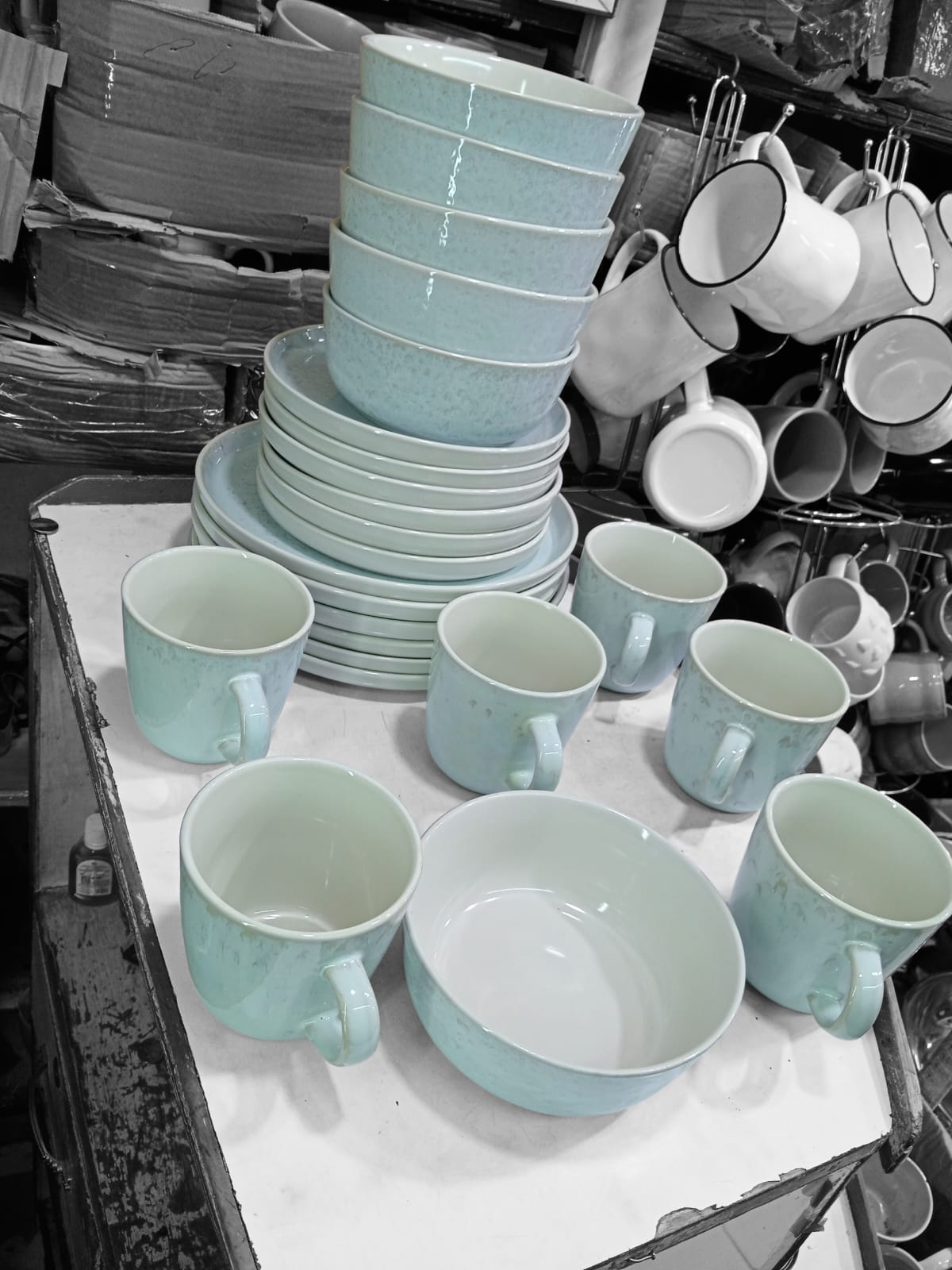 light blue  and white ceramic 24 Piece Dinner Set with 6 Mugs, 6 Side Plates, 6 Dinner Bowls and 6 Dinner Plates, available in Nairobi, Kenya