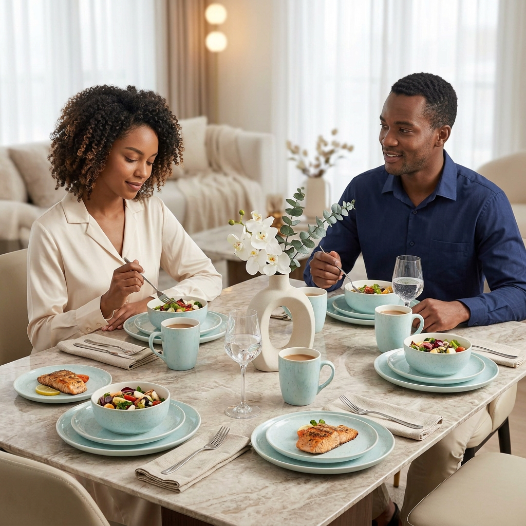 light blue  and white ceramic Dinner Set with Mugs, Side Plates, Bowls and Dinner Plates 16 Piece and 24 Piece Options