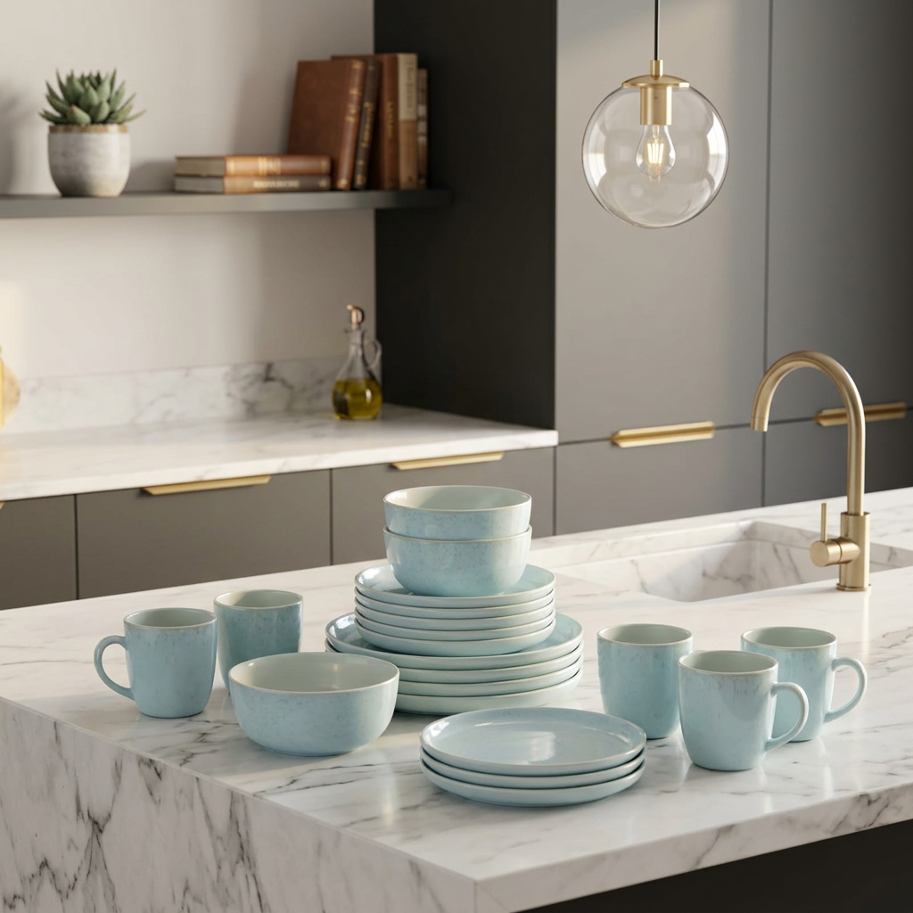 light blue  and white ceramic Dinner Set with Mugs, Side Plates, Bowls and Dinner Plates 16 Piece and 24 Piece Options