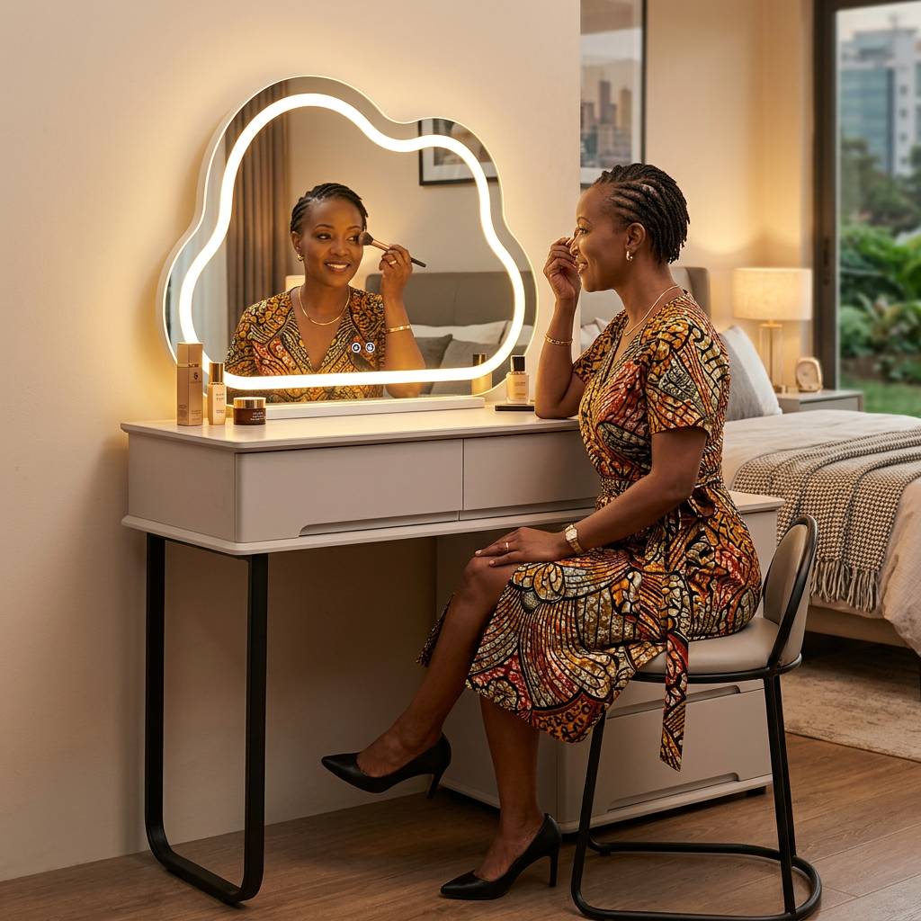 Light Grey Dressing Table with Cloud-Shaped LED Mirror, Five Drawers and Black Metal Leg, 90 × 60 cm, available in Nairobi, Kenya