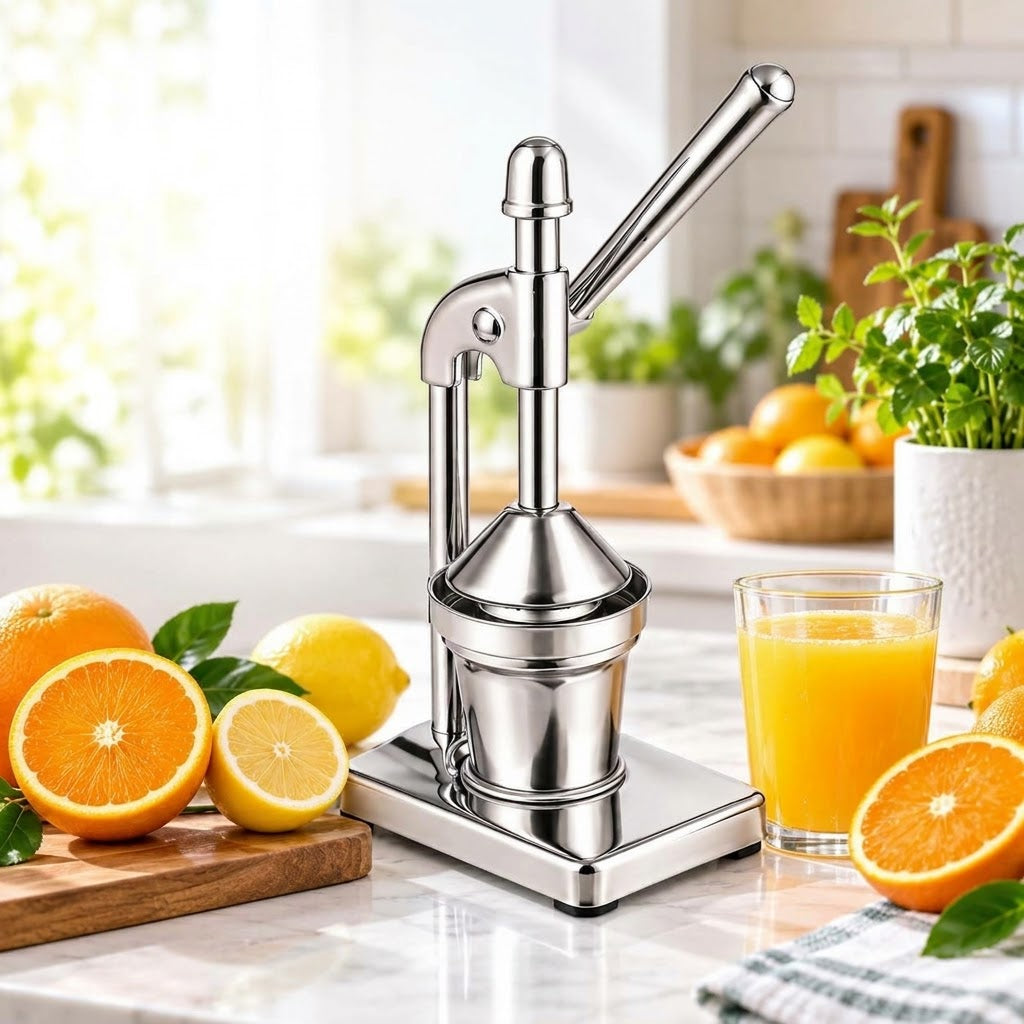 Manual hand press stainless steel juicer for fresh fruit juice, available in Nairobi, Kenya