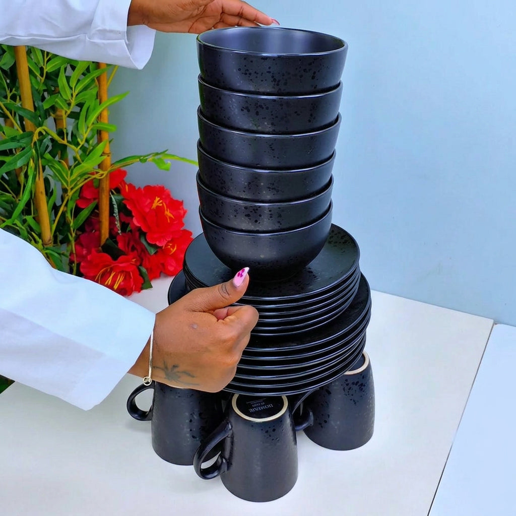 Matte Black 24 Piece Dinner Set with 6 Mugs, 6 Side Plates, 6 Dinner Bowls and 6 Dinner Plates, available in Nairobi, Kenya