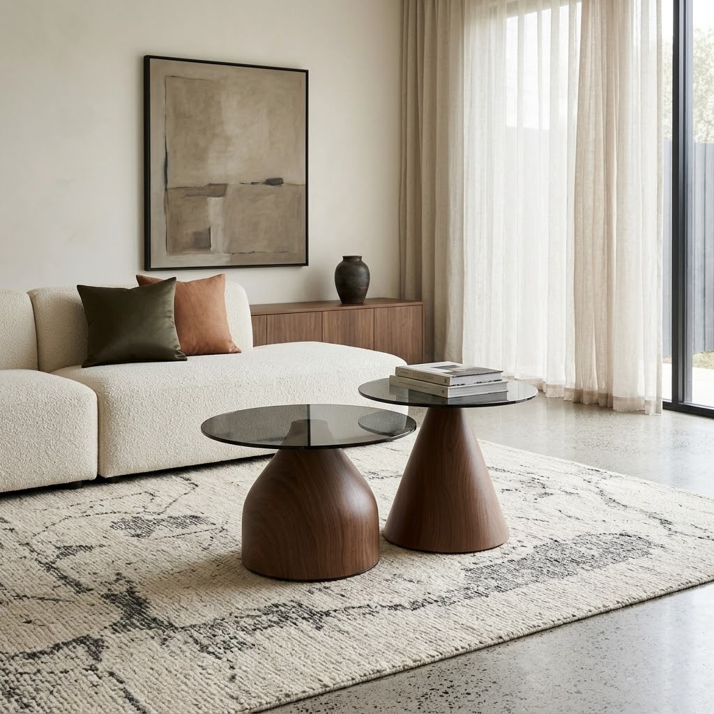 Minimalist glass-top nesting coffee table set with metallic bases, available in Nairobi, Kenya