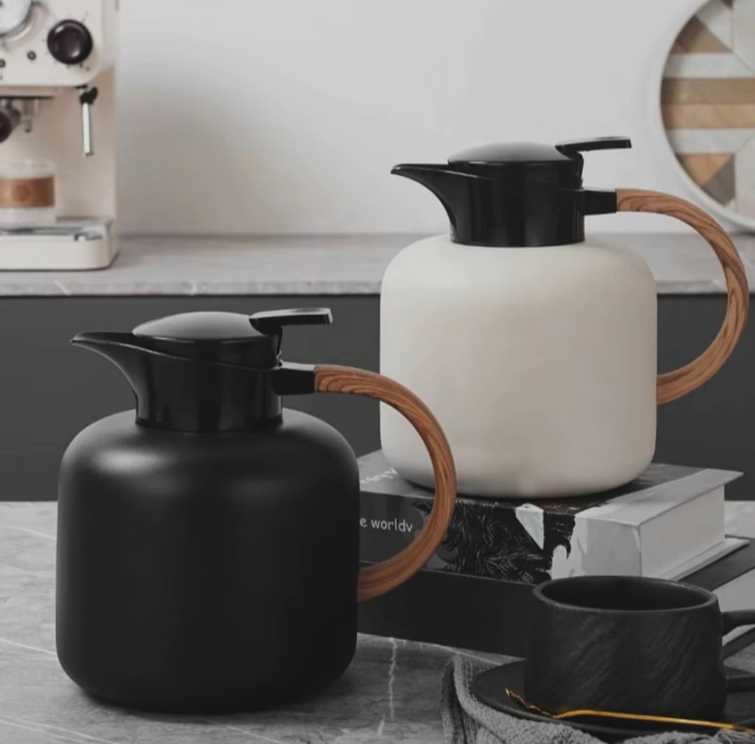 Nordic 2L thermal flask with double-layer glass vacuum insulation and wood-look handle, available in Nairobi, Kenya