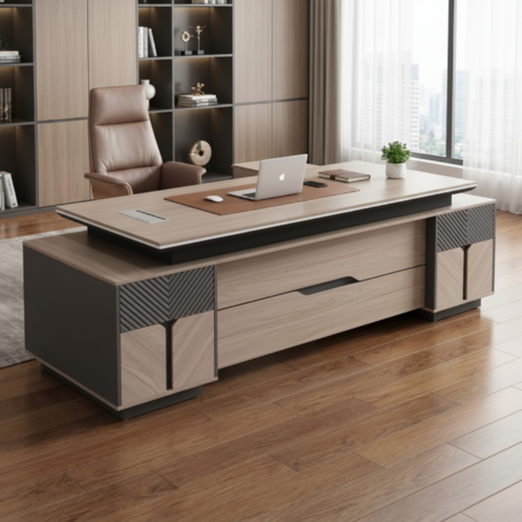 2.4m executive office desk with side return lockable storage and built-in power sockets modern managerial workstation