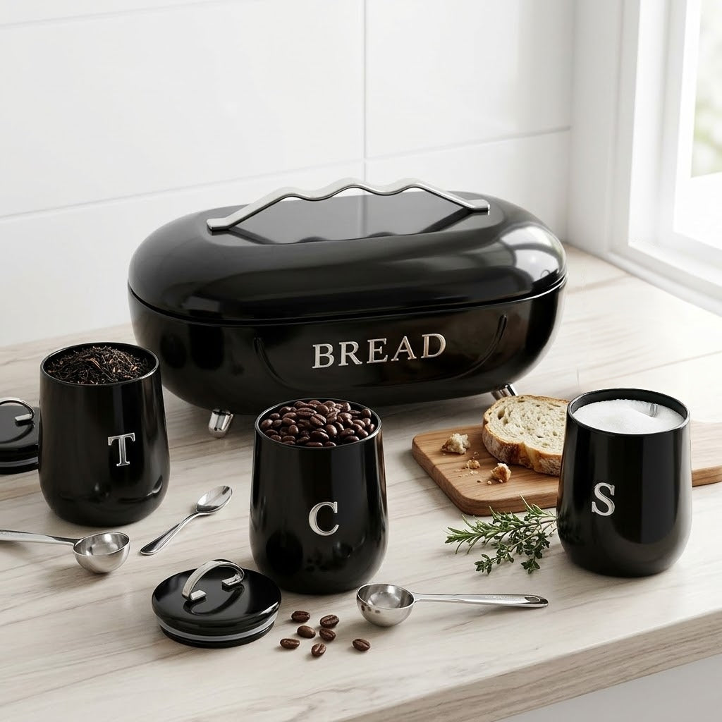 Oval alloy bread storage bin with three canisters in black, available in Nairobi, Kenya