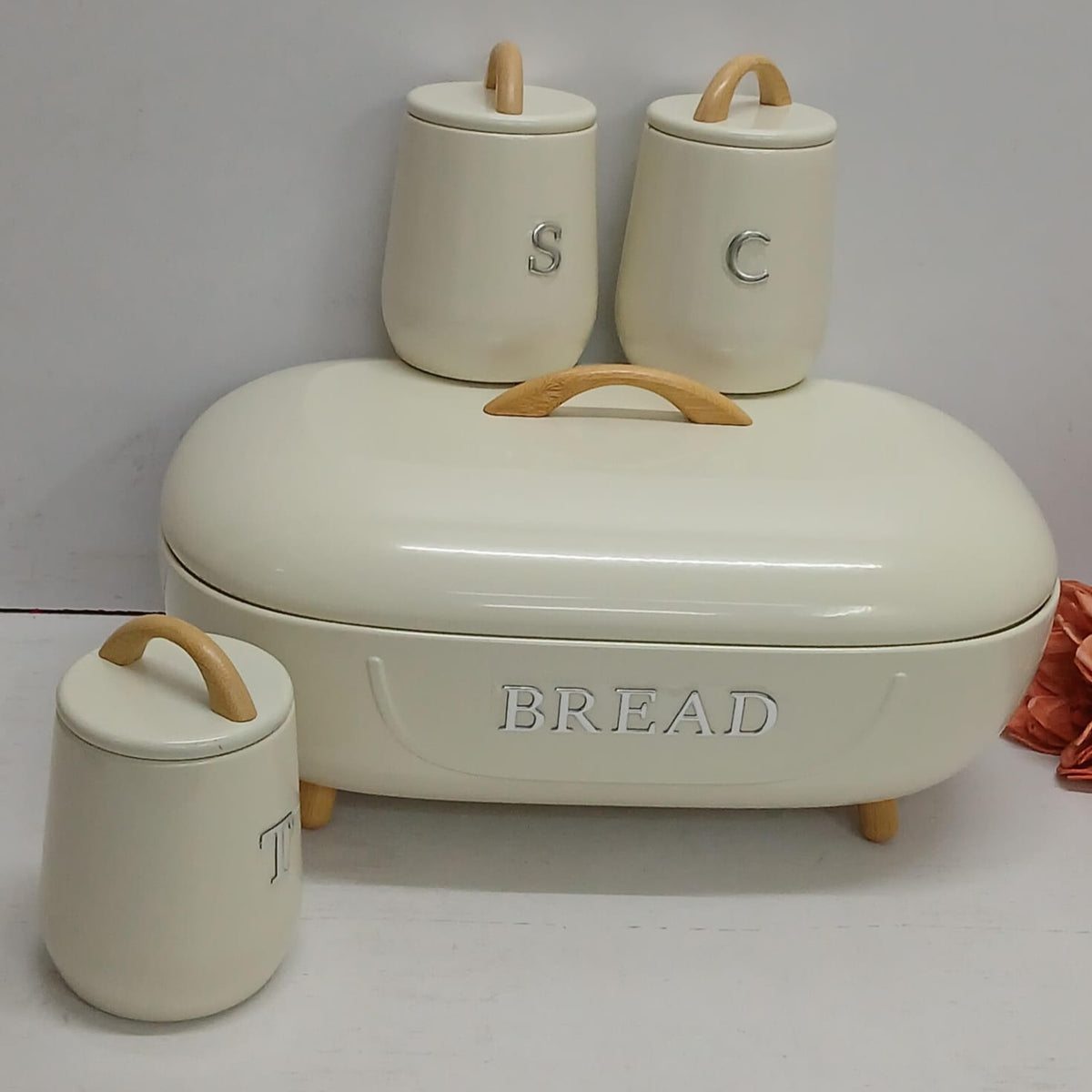 Oval alloy bread storage bin set with 3 canisters in cream, available in Nairobi, Kenya