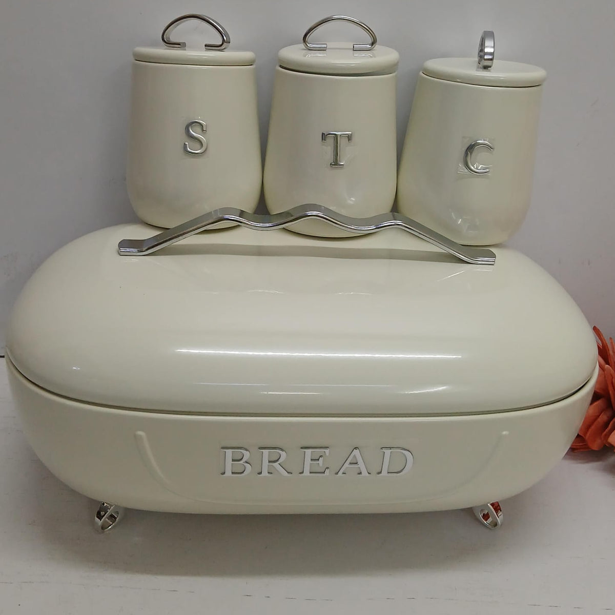 Oval alloy bread storage bin with three canisters in white, available in Nairobi, Kenya