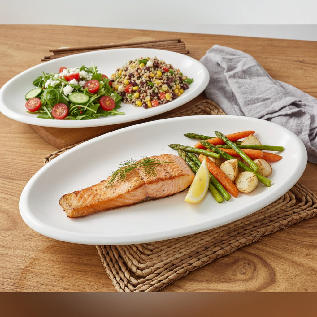 Porcelain oval platter in 30cm, 35cm, 40cm, and 45cm sizes, glossy, durable, microwave and oven safe