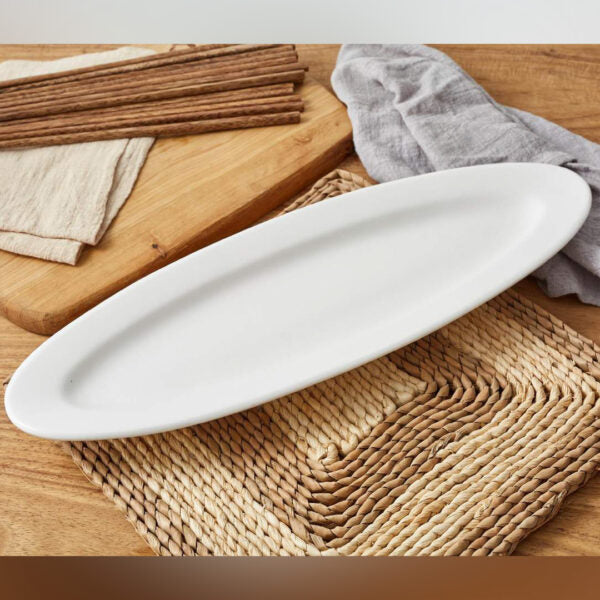 Porcelain narrow oval platter, slim minimalist design, available in 40cm and 45cm, microwave and dishwasher safe