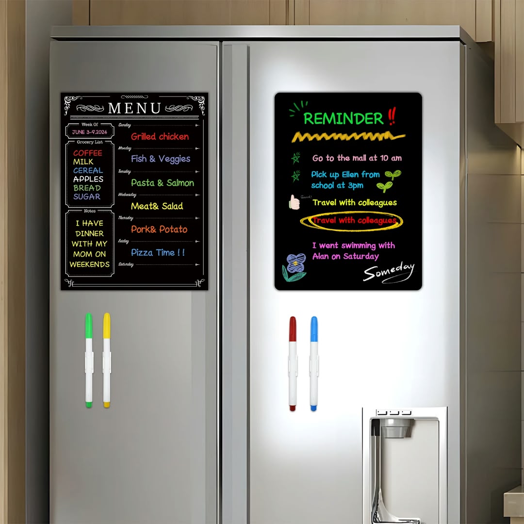 PET magnetic erasable fridge planner with removable writing surface, one duster and eight assorted colour pens, available in Nairobi, Kenya