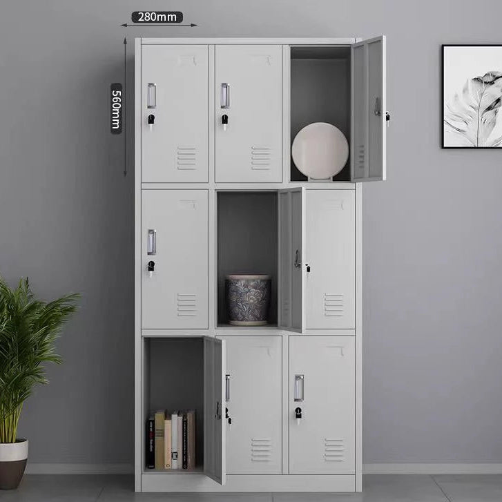 9-door steel locker cabinet with individual locks, ventilation slots, and name card holders - Gemelli Collection