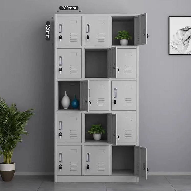 15-door steel locker cabinet with individual locks, ventilation slots, and name card holders - Gemelli Collection