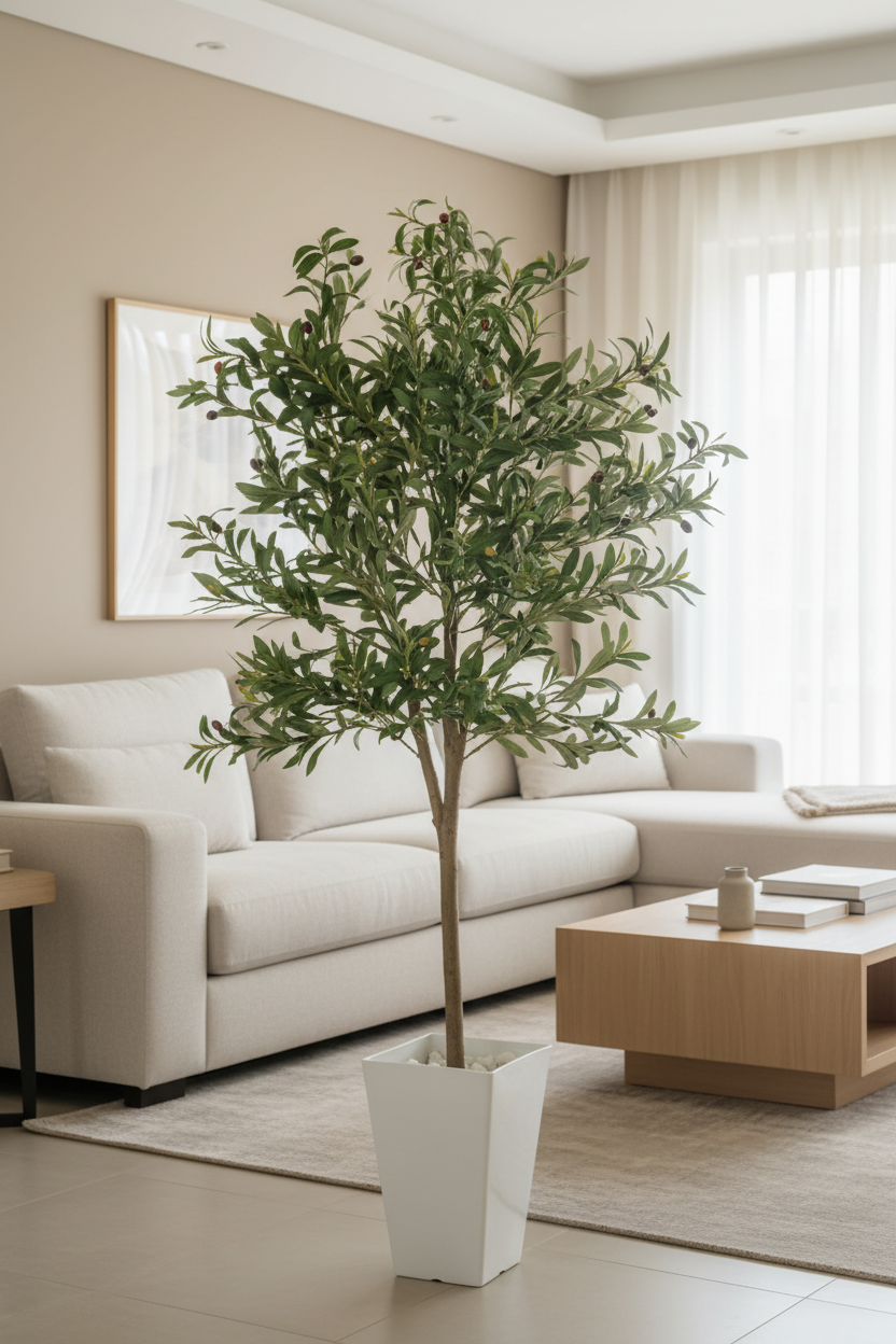 Gemelli Collections artificial olive plant with vase and decorative pebbles available in 180cm and 220cm height variants.