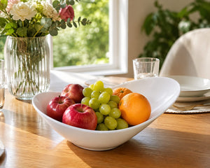Gemelli Collections fancy boat-shaped ceramic salad serving bowl, 10-inch size, for salads, fruits, snacks and table serving.