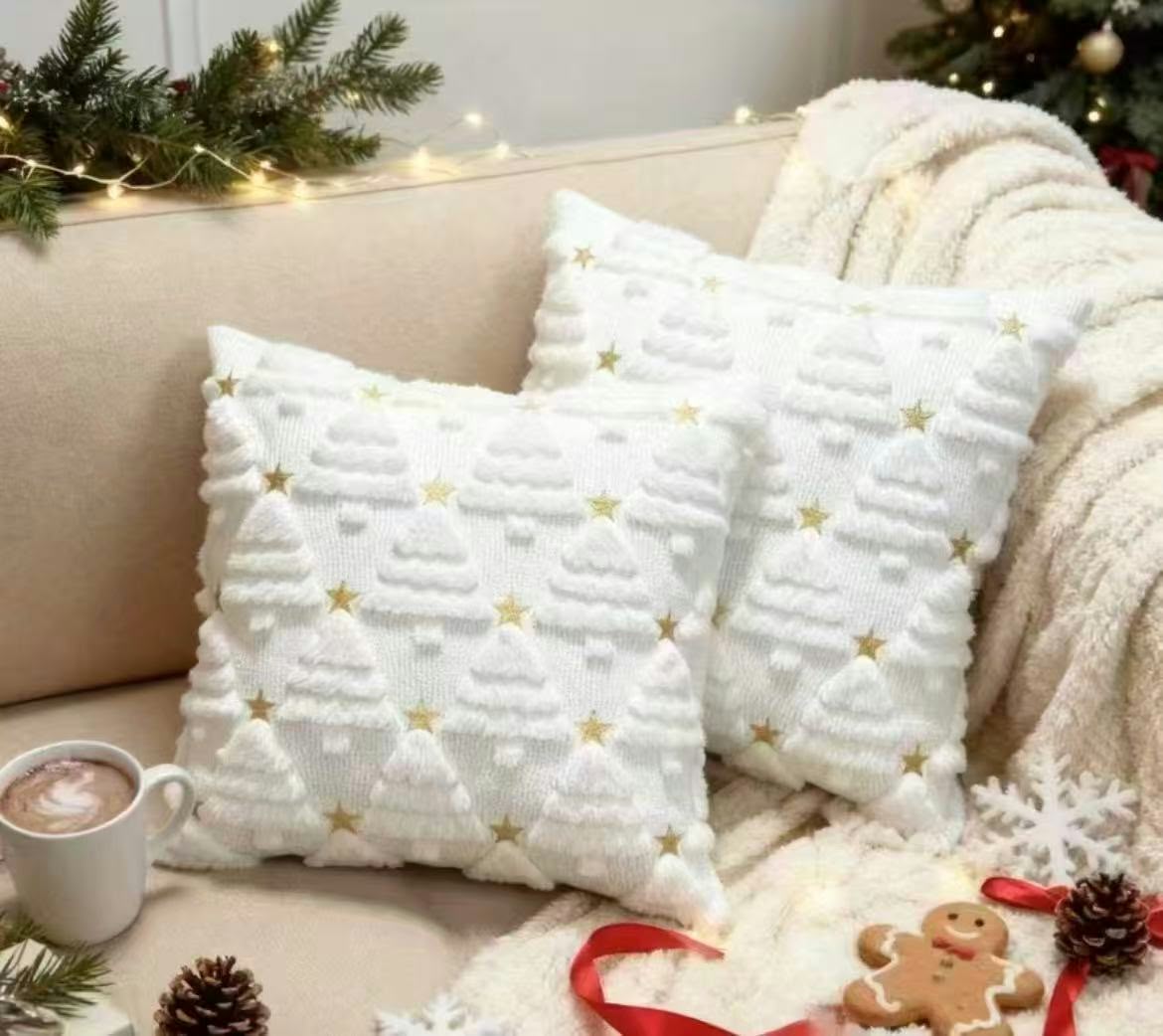 White plush Christmas tree cushion cover with soft textured finish for festive sofa, bedroom and living room décor, available in Nairobi, Kenya