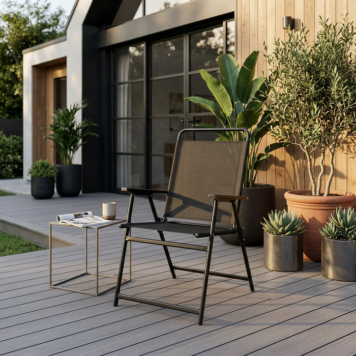 Portable foldable outdoor dining and patio chair with powder-coated metal frame, breathable Textilene mesh seat and backrest, high back and fixed armrests, available in Nairobi, Kenya