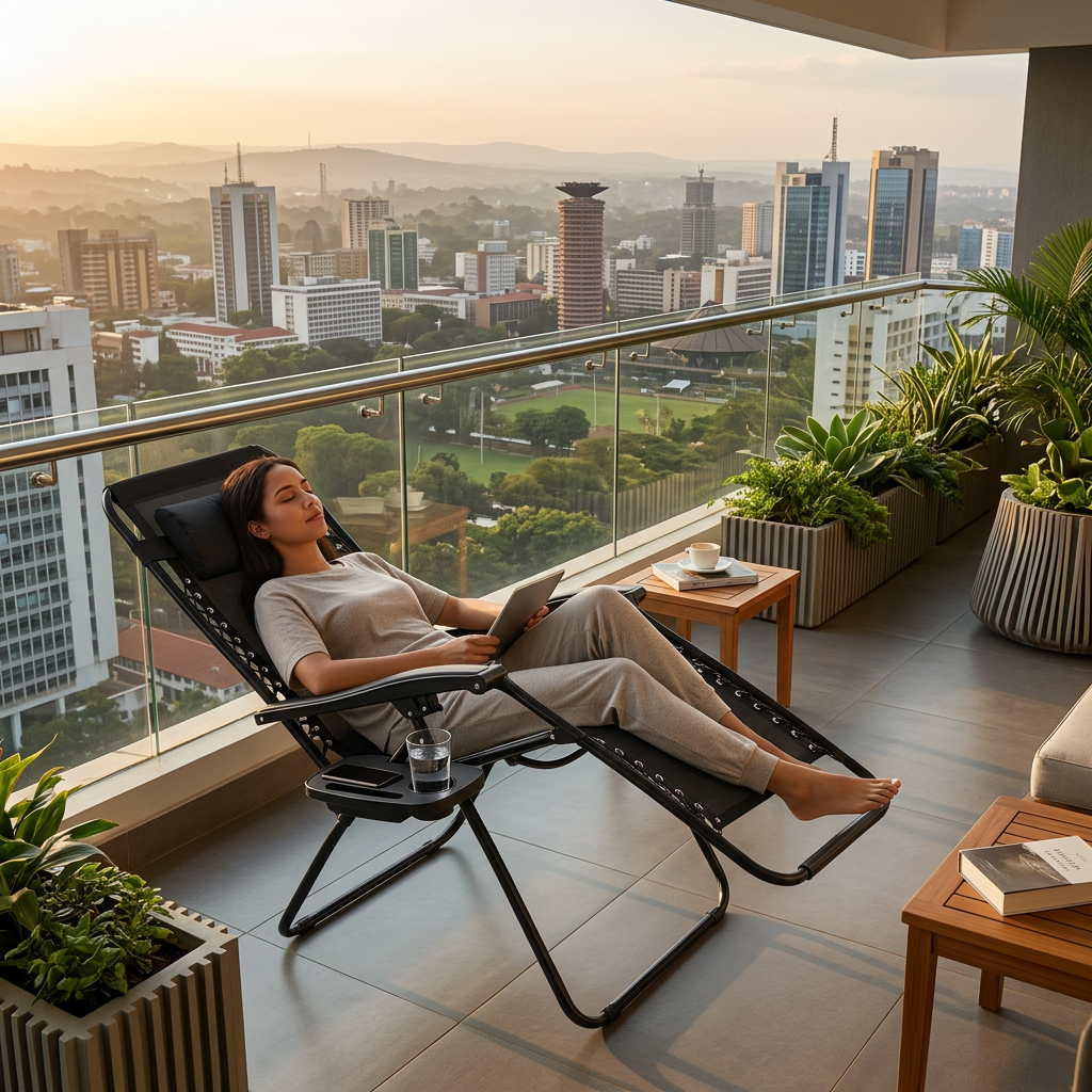 Black portable folding zero gravity recliner lounge chair with adjustable padded pillow, breathable mesh seat, steel frame and detachable cup holder tray, available in Nairobi, Kenya