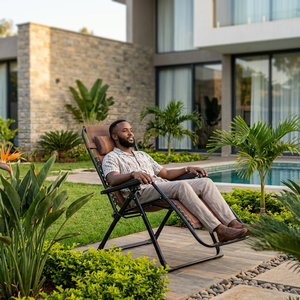 Brown portable folding zero gravity recliner lounge chair with adjustable padded pillow, breathable mesh seat, steel frame and detachable cup holder tray, available in Nairobi, Kenya