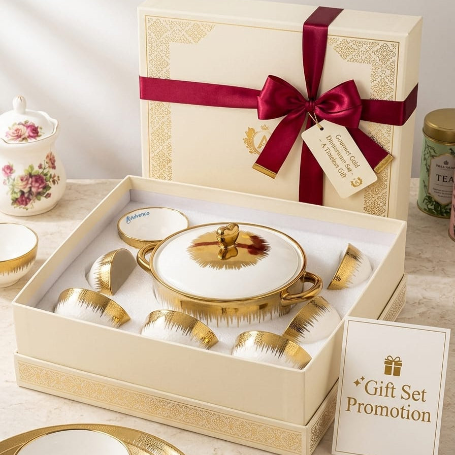 Gemelli Collections 7-Piece Gold Detail Serving Soup Set, white and gold - available in Nairobi, Kenya