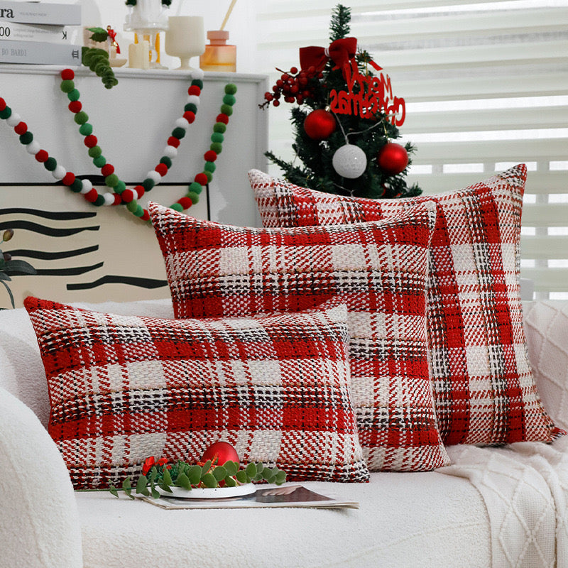 Red Christmas cushion covers in 45 × 45 cm and 30 × 50 cm sizes for festive sofa and living room décor. Available in Nairobi, Kenya.