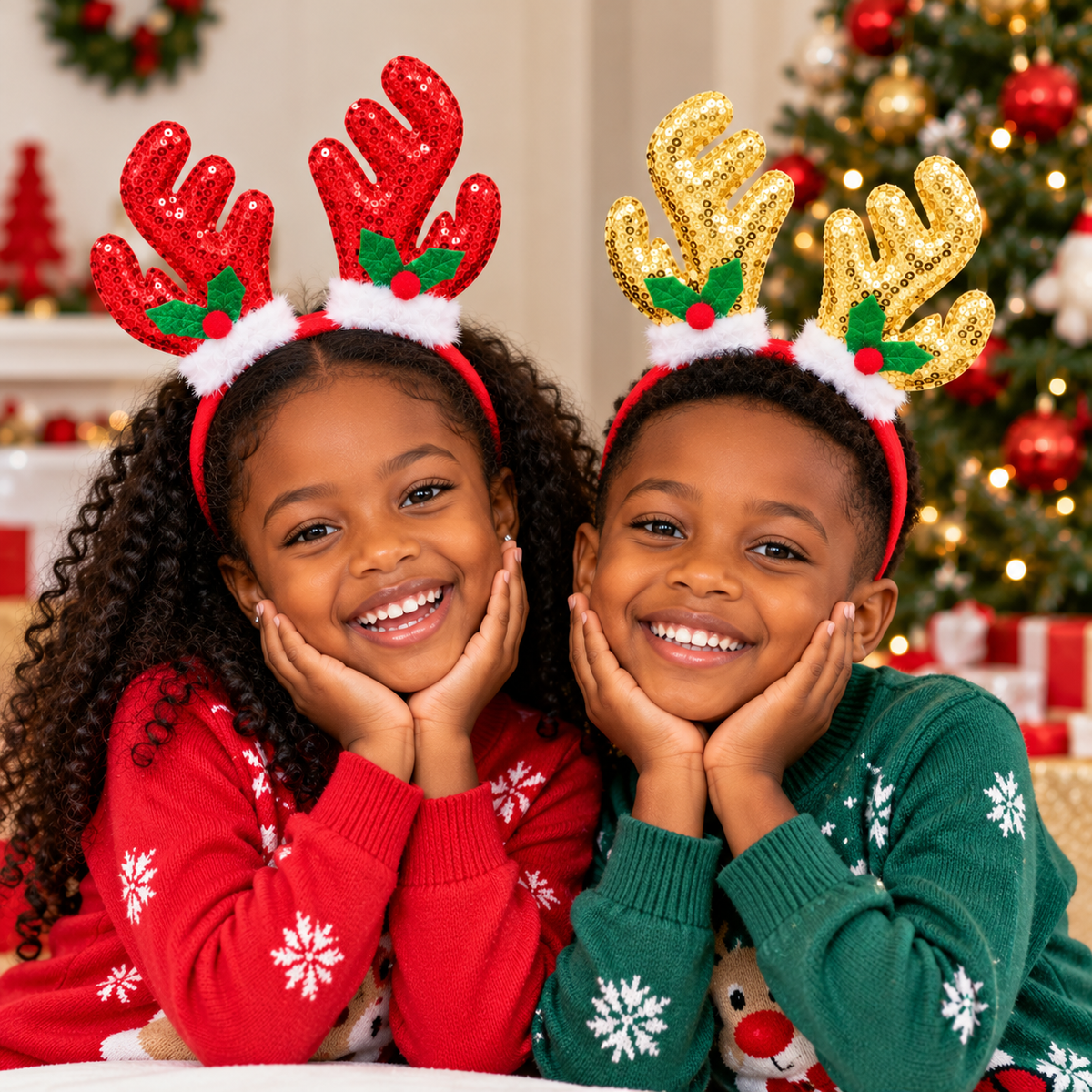 Red Christmas reindeer antler headband with festive decorations available in Nairobi, Kenya
Gold Christmas reindeer antler headband with festive decorations available in Nairobi, Kenya