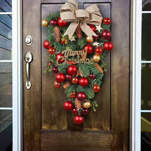 36 cm red PVC Christmas teardrop swag with baubles, ribbon bows, pine cones, berries and decorative pine branches, available in Nairobi, Kenya