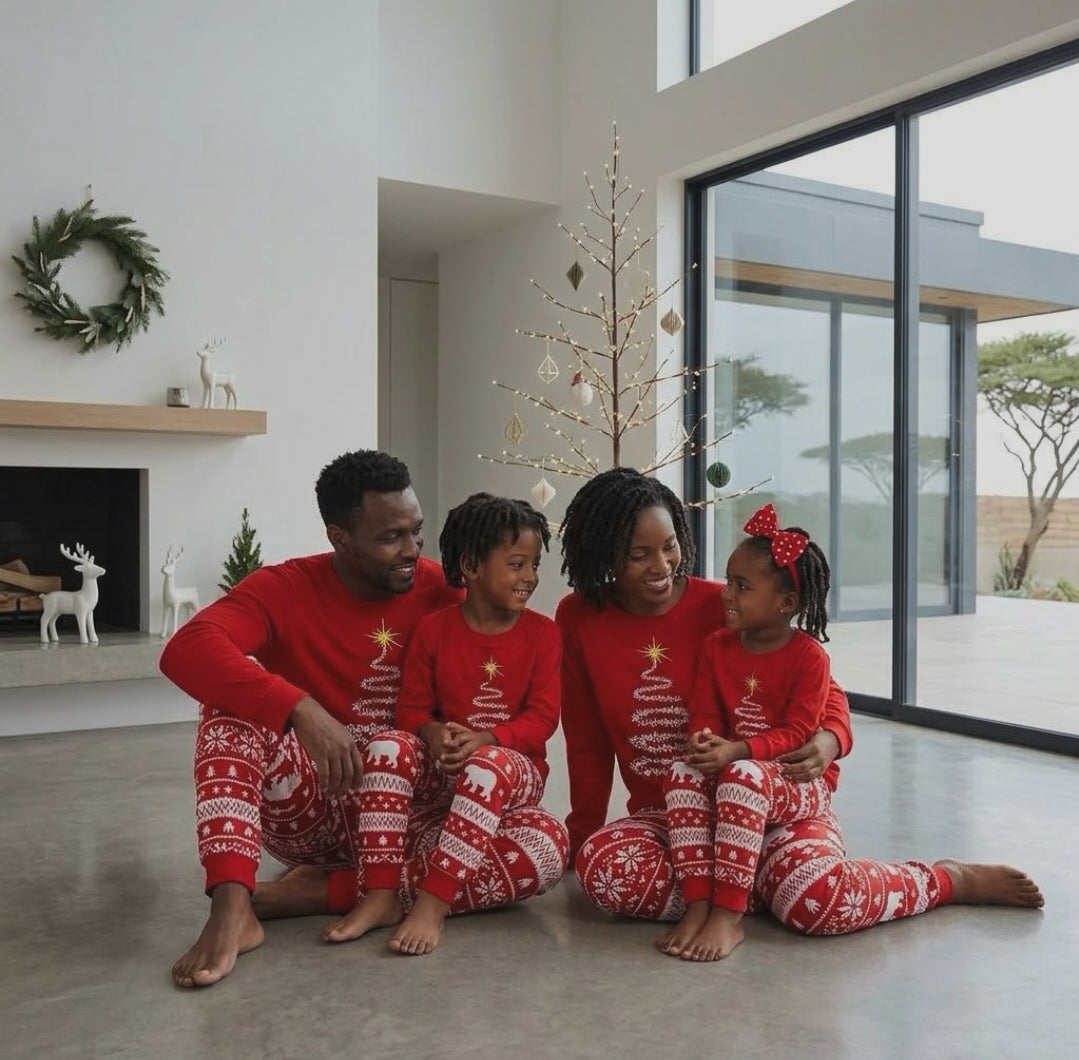 Red family matching Christmas pyjama set for children and adults, cotton top and polyester trousers, available in Nairobi, Kenya