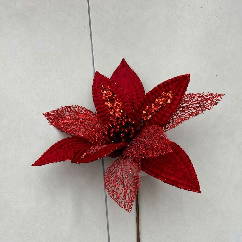 Red glitter poinsettia Christmas flower decoration, 3-piece set, available in Nairobi, Kenya
