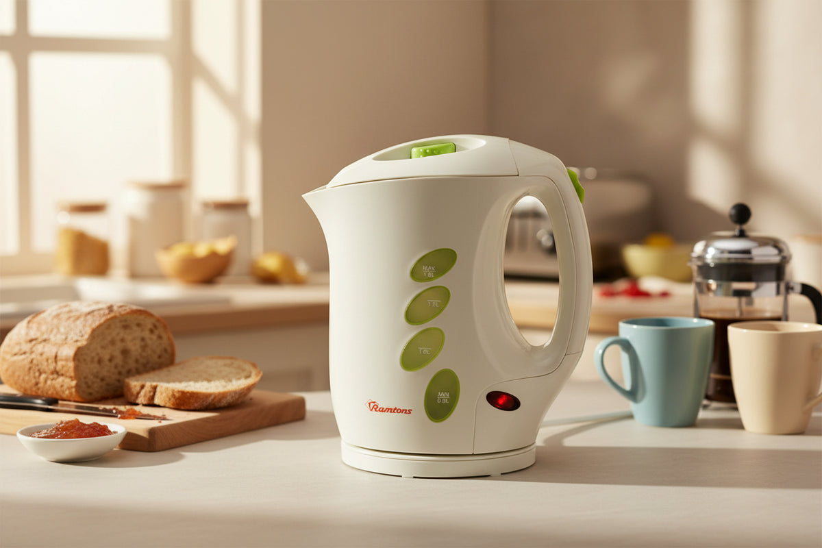 1.8 litre white corded electric kettle with 2000W power, removable filter, and automatic operation