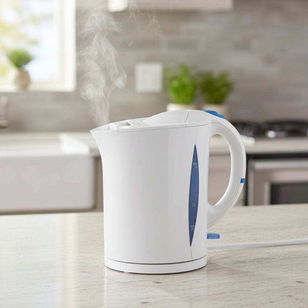 Ramtons 1.8 liter white corded electric kettle with 2200 watt power, dual water gauge, and dry boil protection