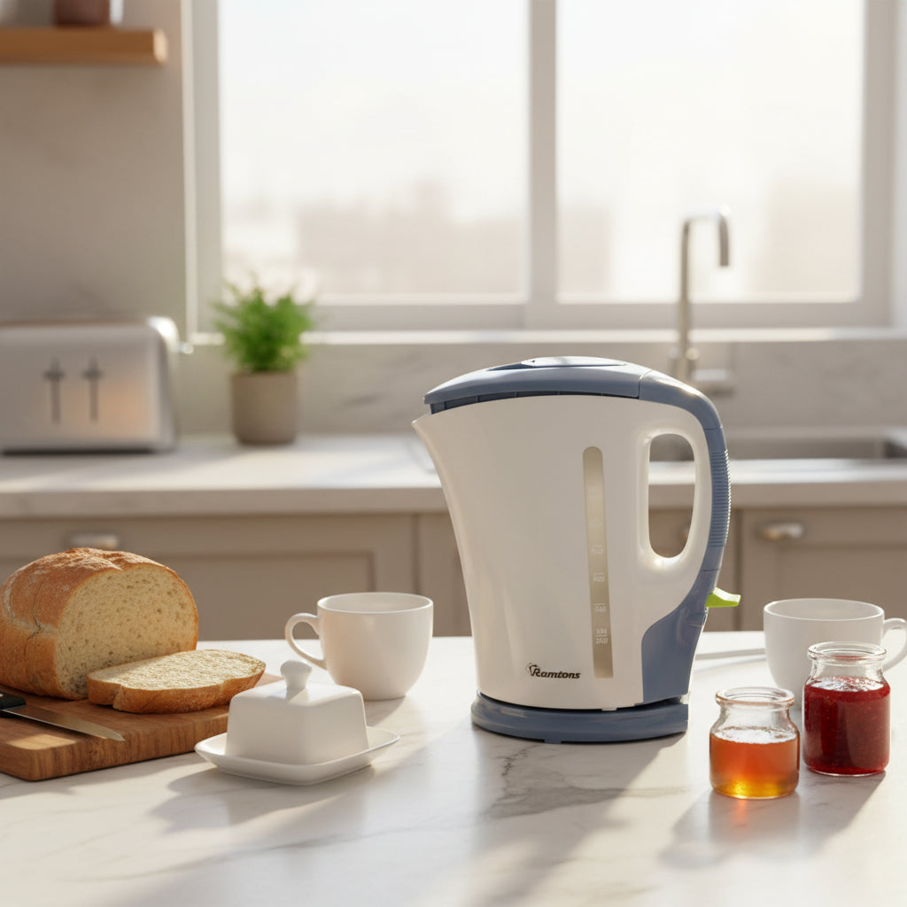 Ramtons 1.5 liter cordless electric kettle in white and blue with boil-dry protection