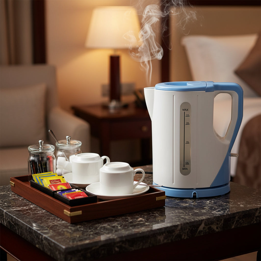 Ramtons 1.7 liter cordless electric kettle in white and blue with dry boil protection