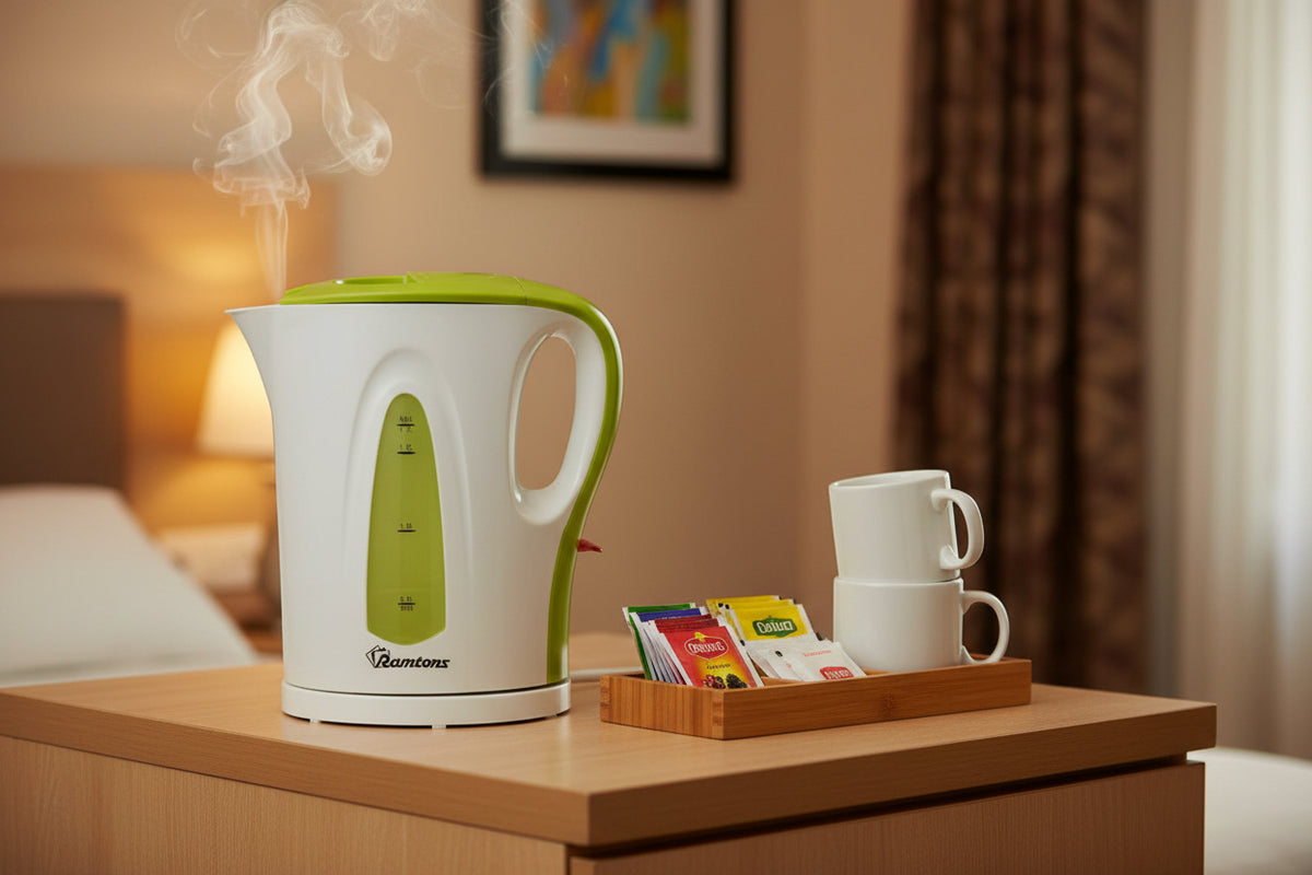 Ramtons 1.7 liter cordless electric kettle in white and green with dry boil protection