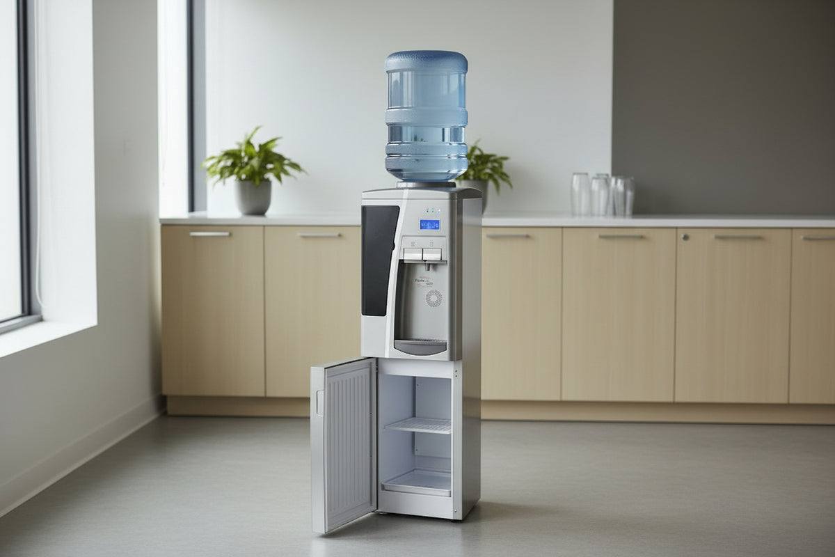 Free standing water dispenser with hot and cold water functions, stainless steel tank, and automatic temperature control