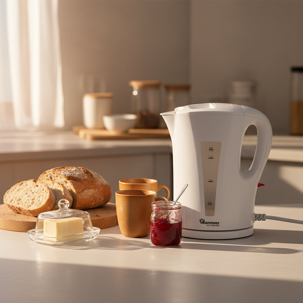 White 1.7 litre corded electric kettle with 2200W power, water gauge, and safety features