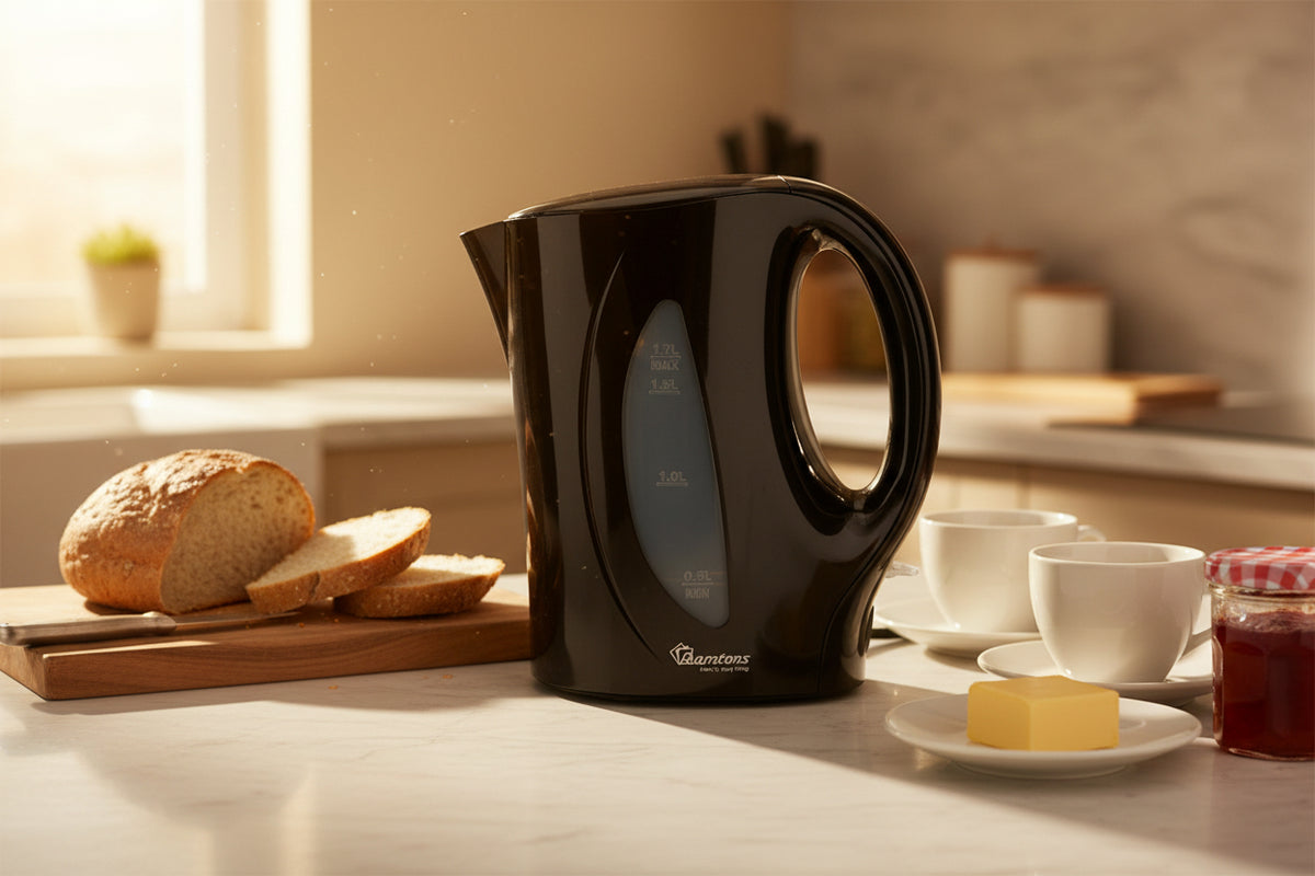 Ramtons 1.7 liter black corded electric kettle with boil-dry protection, fast boil function, and transparent switch