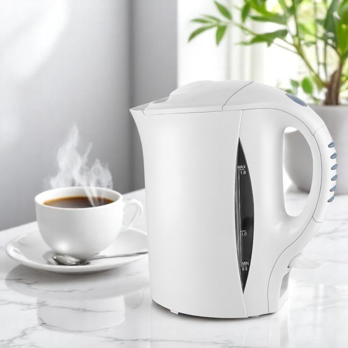 Ramtons 1.7 liter white corded electric kettle with 2200 watt power, dry boil protection, and safety lock lid