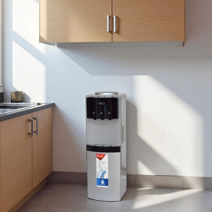 Free standing water dispenser with hot, normal, and cold water functions and storage compartment