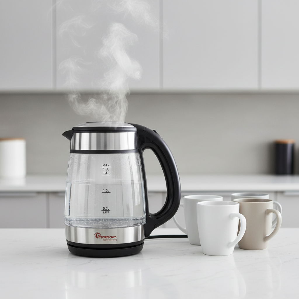 Ramtons 1.7 liter cordless glass jug kettle with 2200 watt fast boil element, LED indicator, and dry boil protection