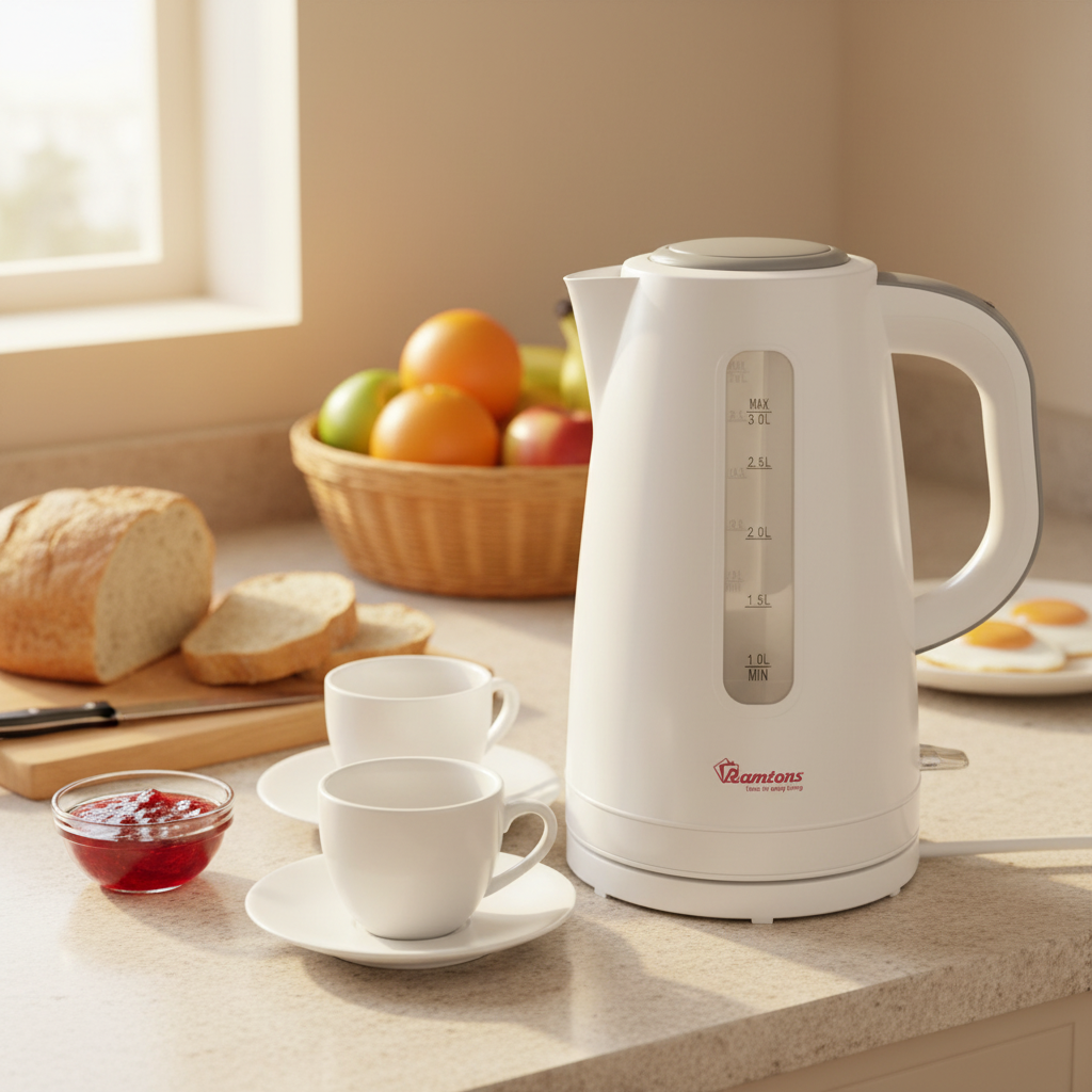 White cordless electric kettle with 3 litre capacity, 2200W power, water gauge, and safety features