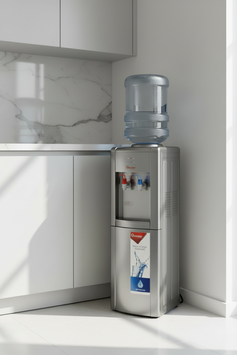 Silver free standing water dispenser with hot and normal water functions and storage cabinet