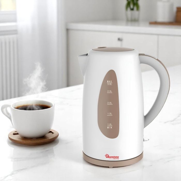Ramtons 3 liter cordless electric kettle in white and brown with 2200 watt heating, boil-dry protection, and anti-slip base
