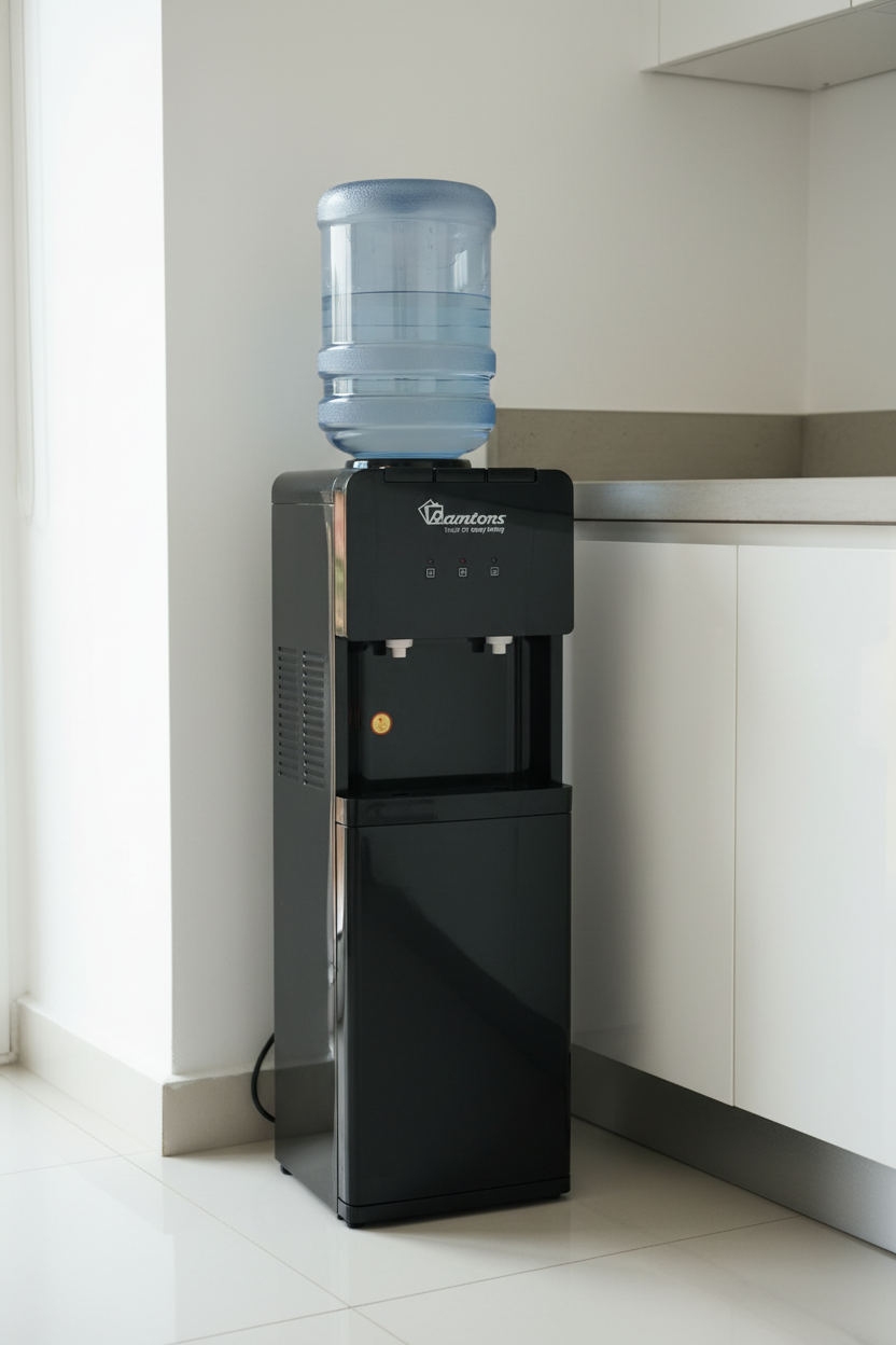 Black hot and normal water dispenser with stainless steel tank, storage cabinet, and child lock feature