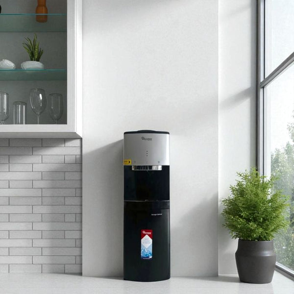 free standing hot normal cold water dispenser RM/761 black silver storage cabinet