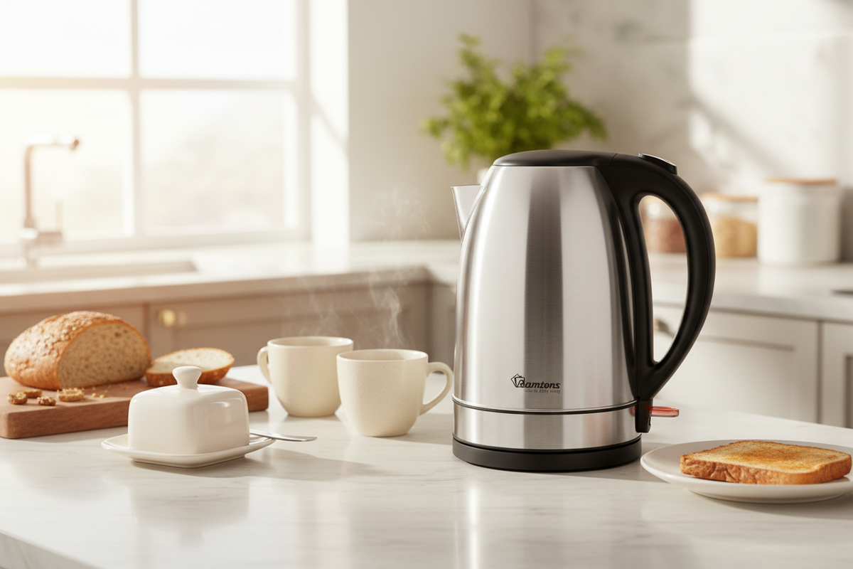 Ramtons 2.5 liter stainless steel cordless electric kettle with STRIX technology, 360-degree base, and safety features