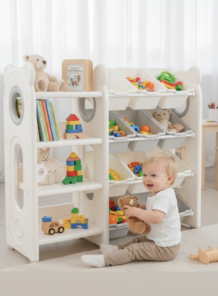 Toddler storage shelves with angled open bins for organizing toys and books.