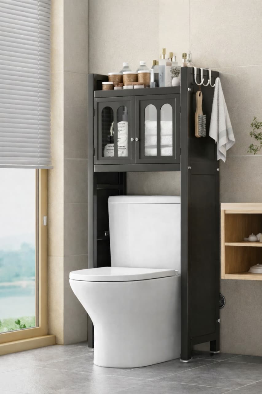 Gemelli Colllection over the toilet bathroom storage cabinet dust proof locker bathroom organiser space saving toilet shelf unit with side hooks modern bathroom storage rack toiletries organiser tissue storage cabinet over toilet shelving unit premium bathroom furniture 142x50x25cm storage solution