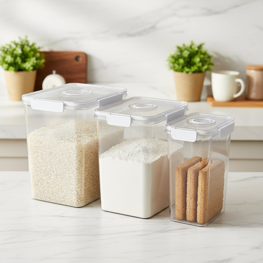 3 piece acrylic airtight food storage containers with 6.5 litre, 4 litre and 2 litre capacities
