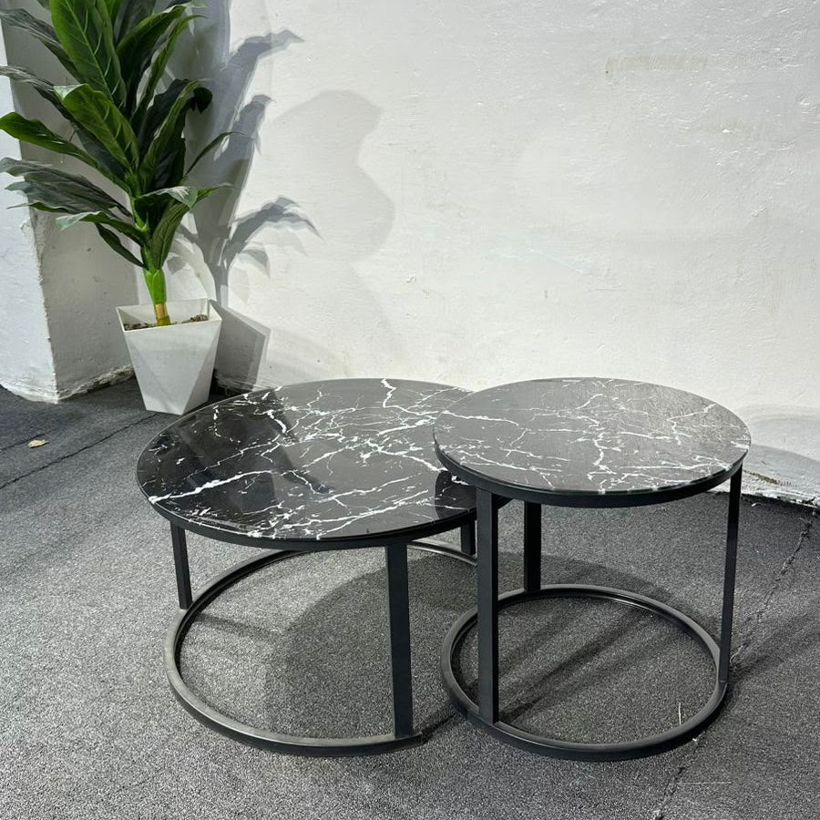 Round Black Glass Nesting Coffee Table Set with Black Metal Frame
